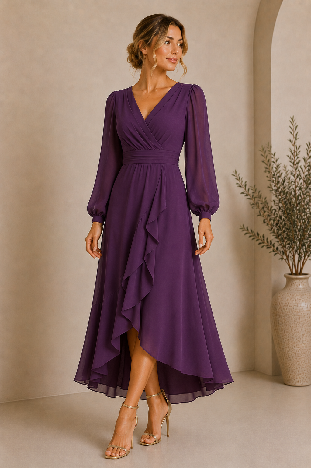 Women's V-Neck Purple Wrap Maxi Dress