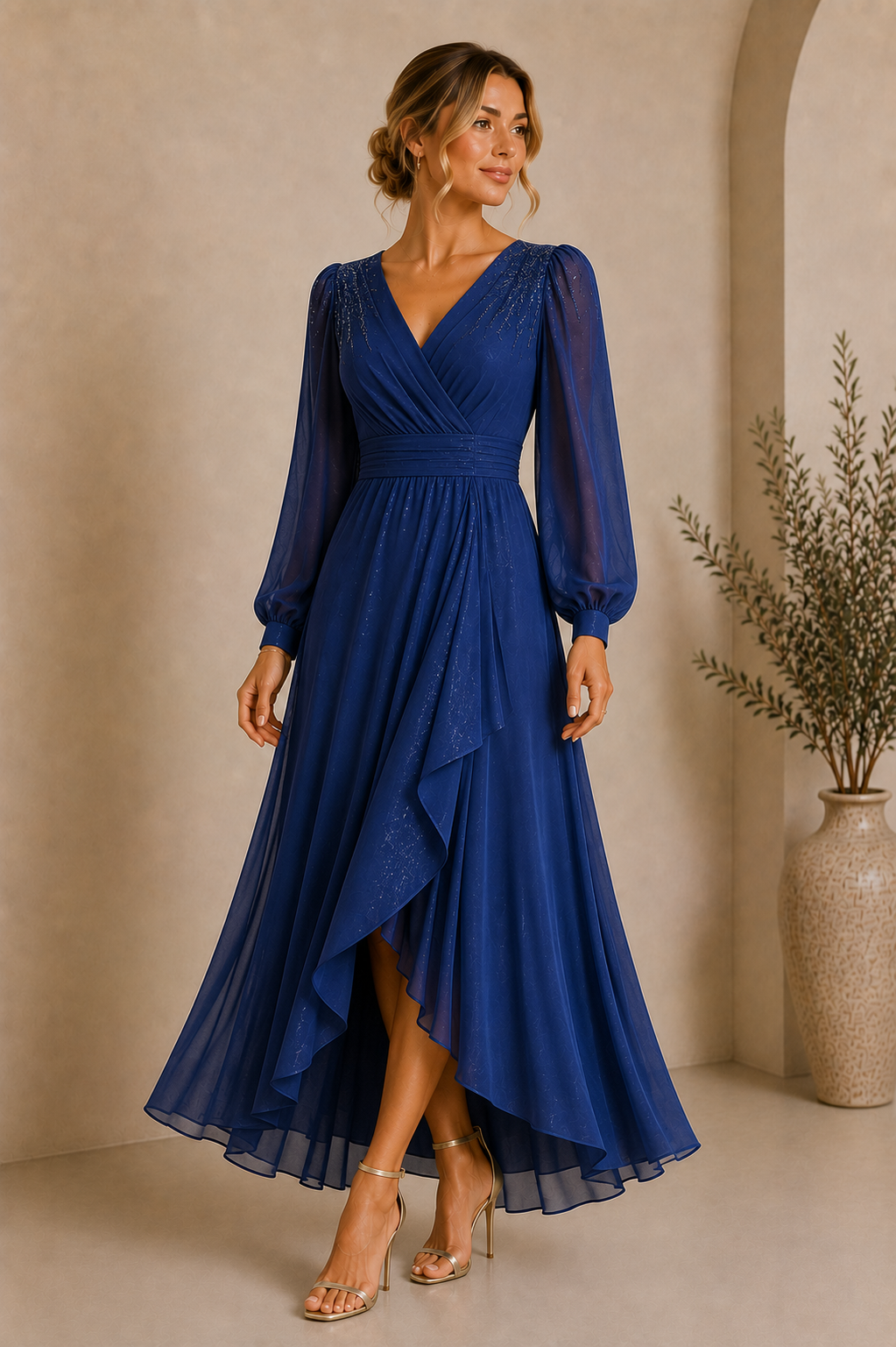 Women's V-Neck Blue Shimmer Maxi Dress