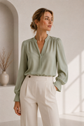 Women's Loose-Fit V-Neck Blouse with Smocked Cuffs