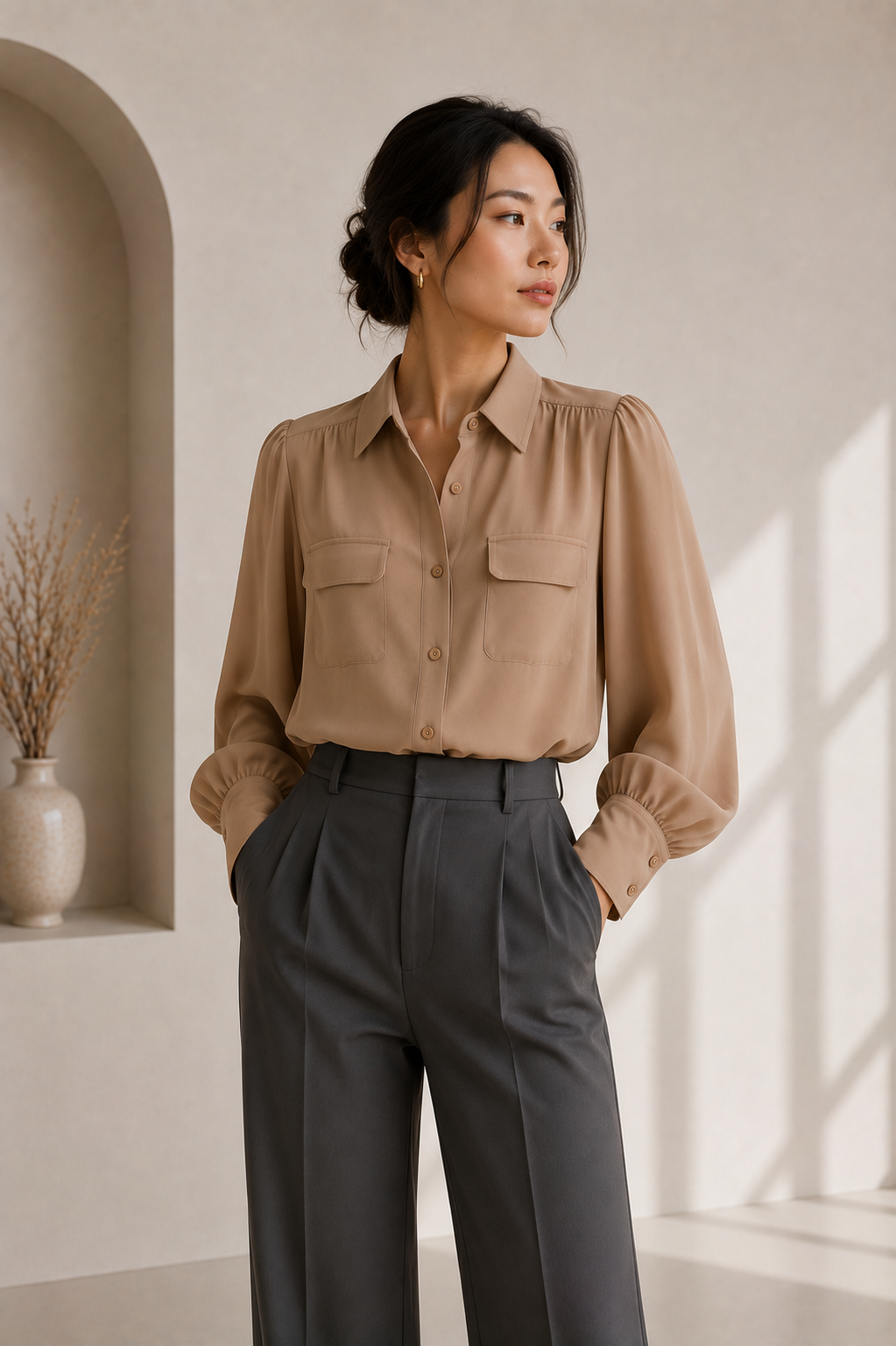 Women's Long Sleeve V-Neck Utility Blouse