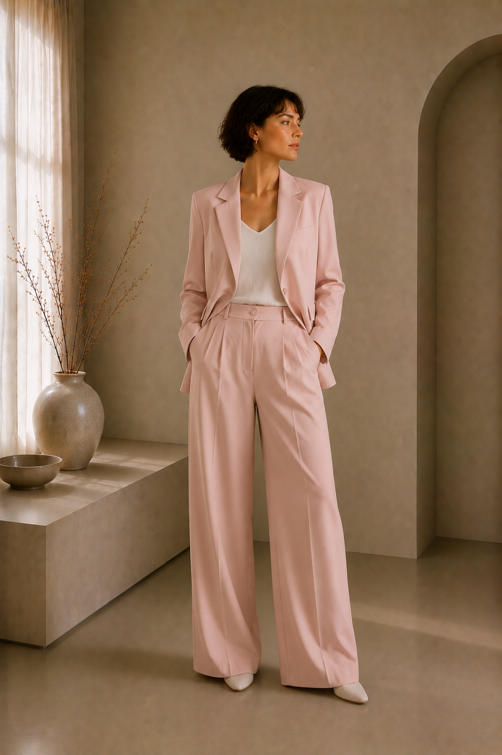 Women's 2-Piece Elegant Tailored Blazer & Wide-Leg Trouser Set