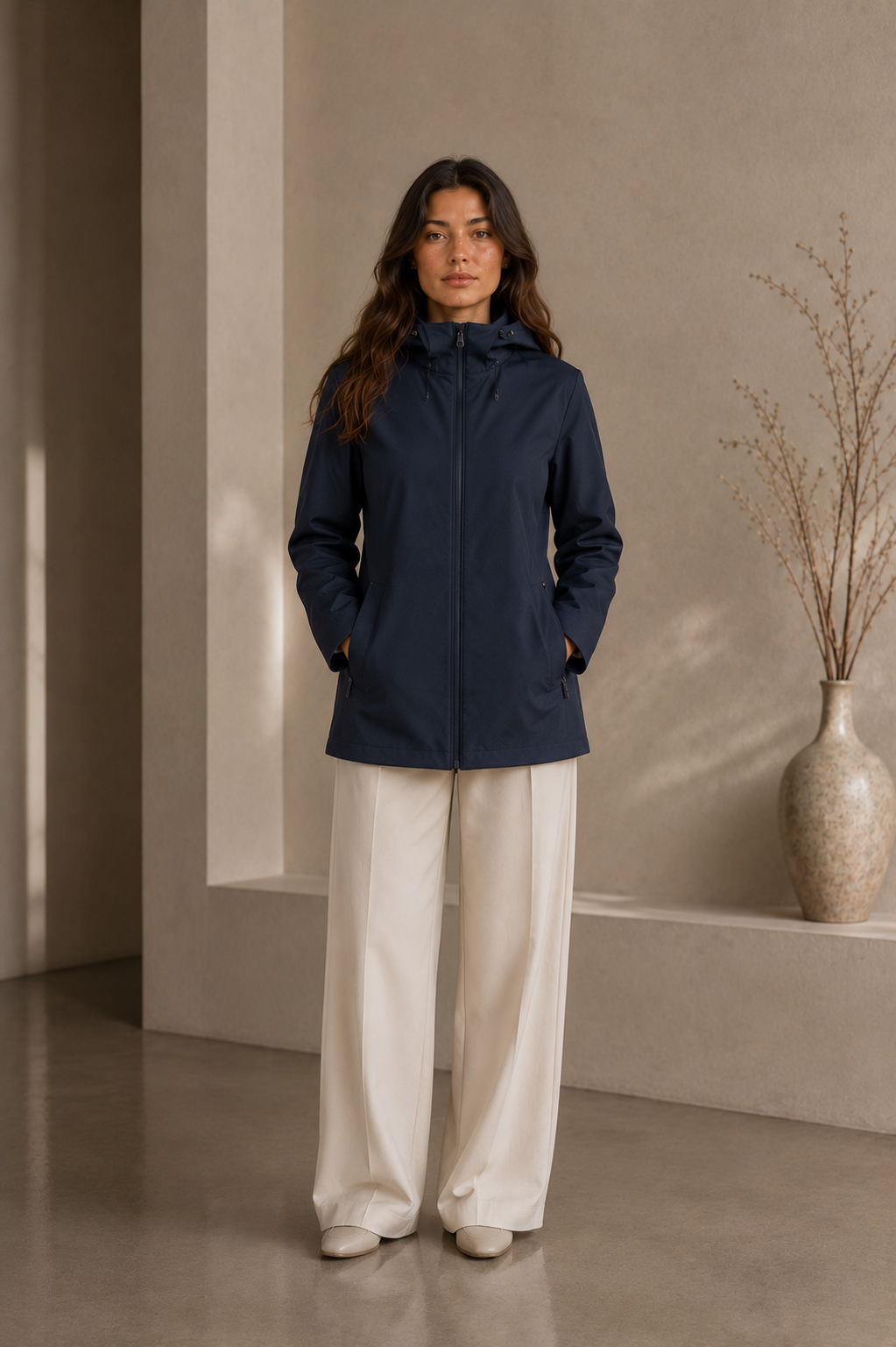 Women's Elegant Navy Blue Zip-Up Hooded Jacket