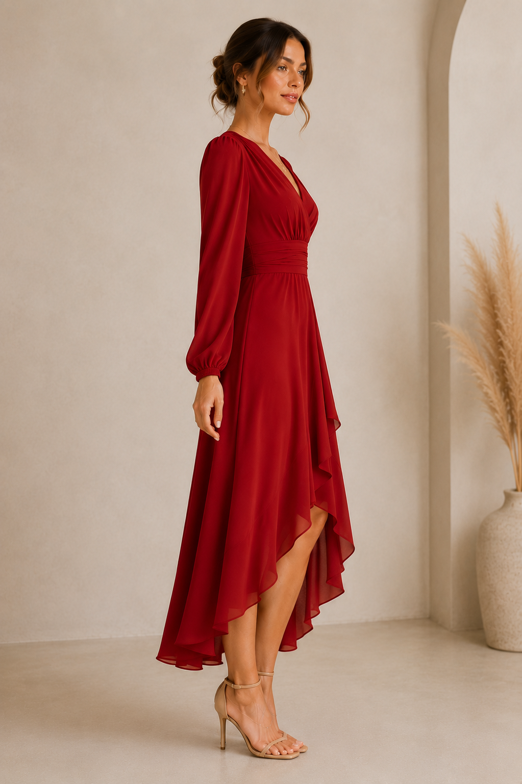 Women's Ruched Waist High-Low Midi Dress