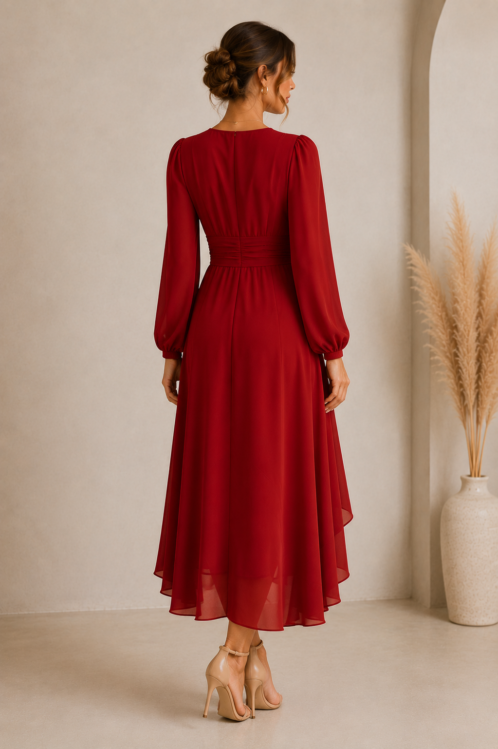 Women's Ruched Waist High-Low Midi Dress