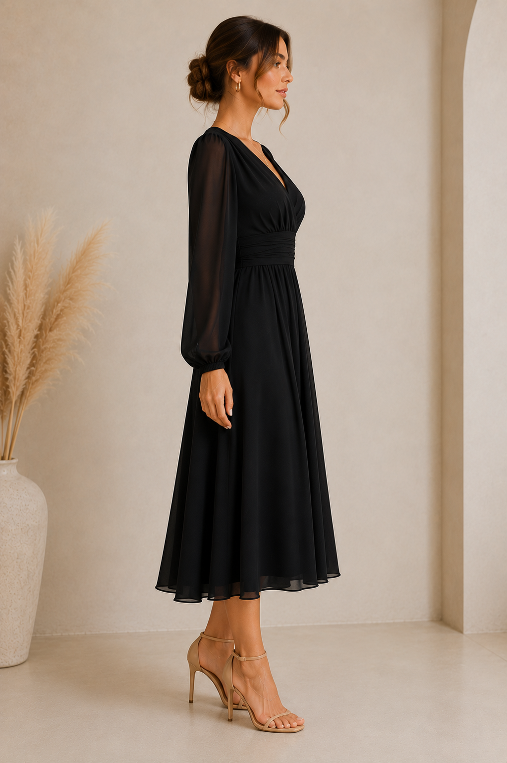 Women's Long Sleeve V-Neck Wrap Midi Dress