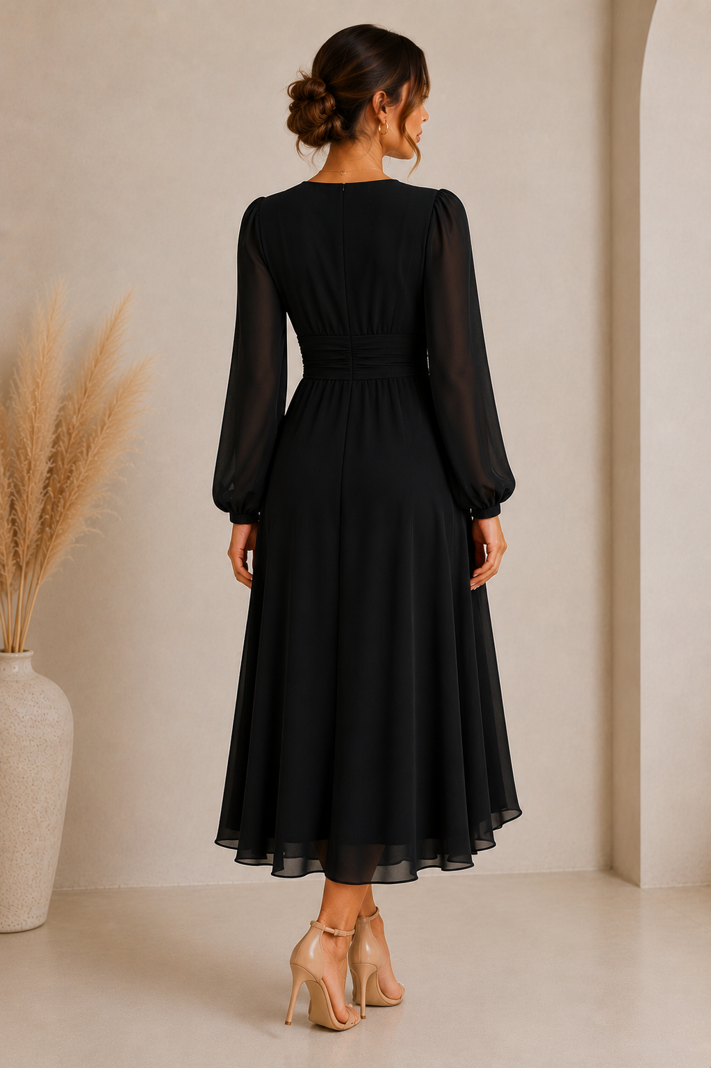 Women's Long Sleeve V-Neck Wrap Midi Dress