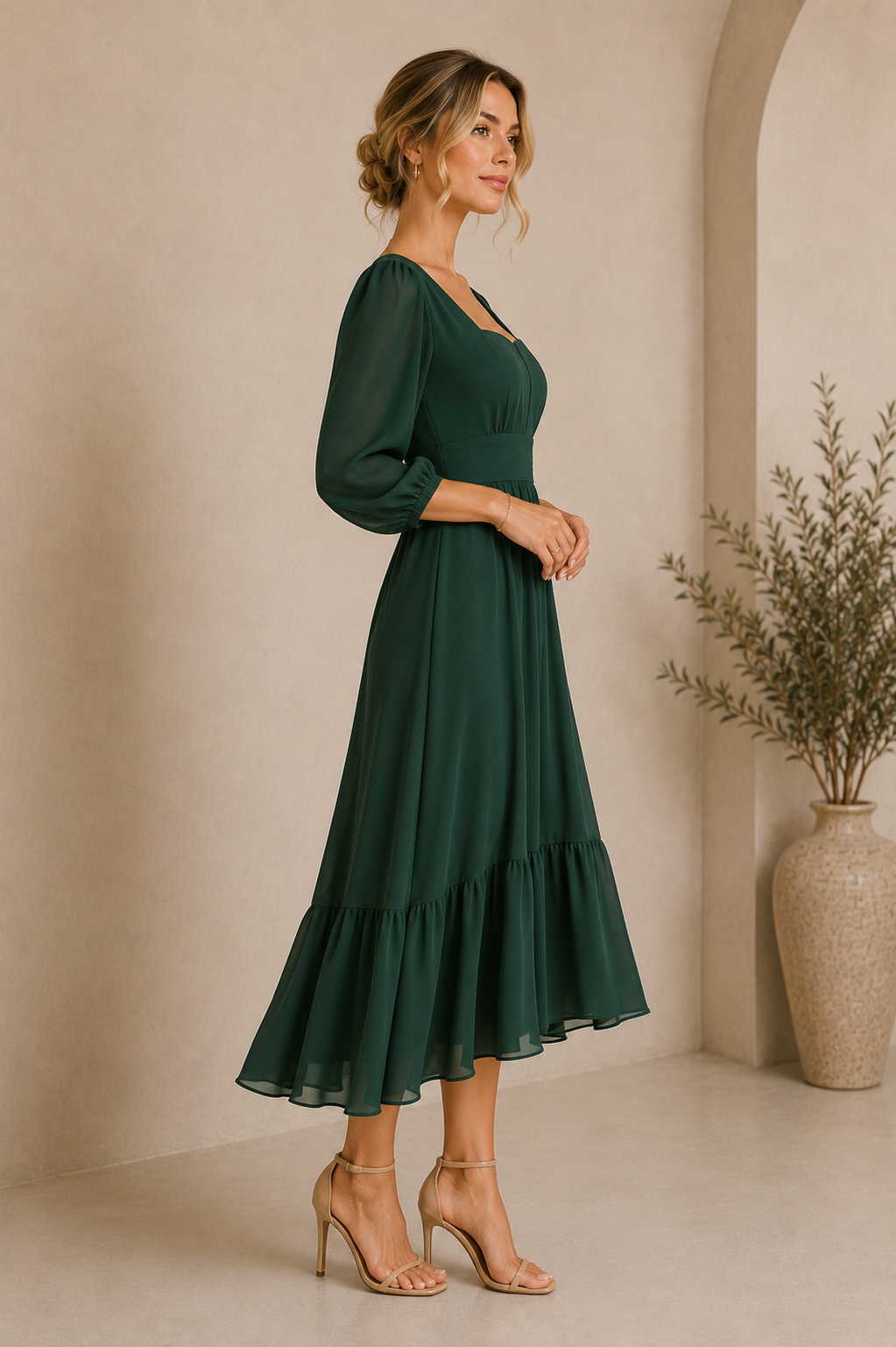Women's Long Sleeve Green Chiffon Midi Dress