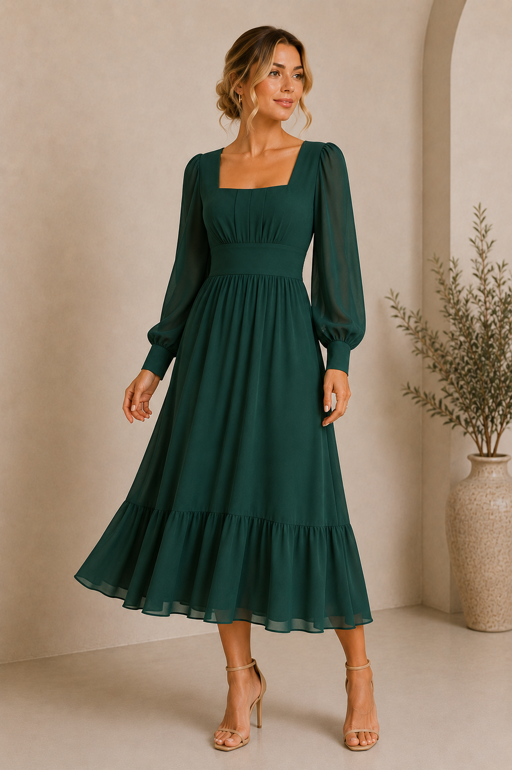 Women's Long Sleeve Green Chiffon Midi Dress