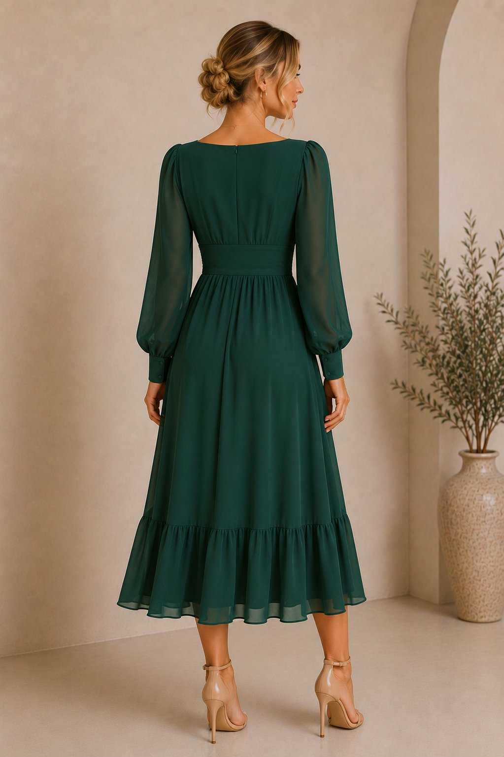 Women's Long Sleeve Green Chiffon Midi Dress