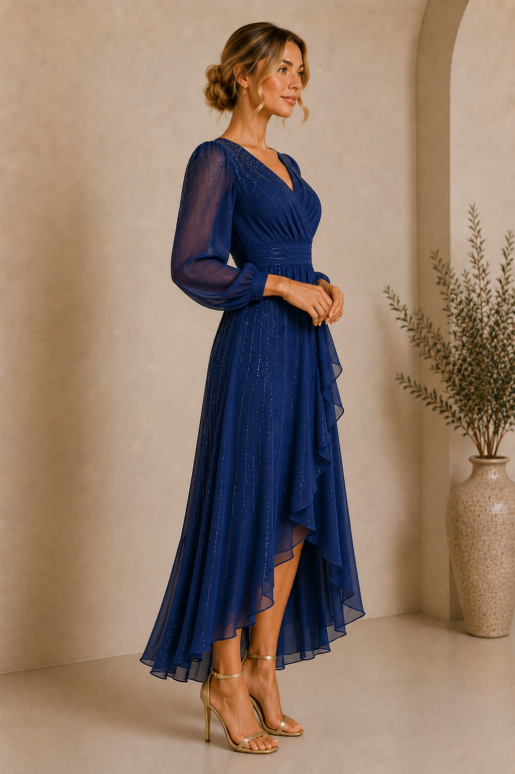 Women's V-Neck Blue Shimmer Maxi Dress