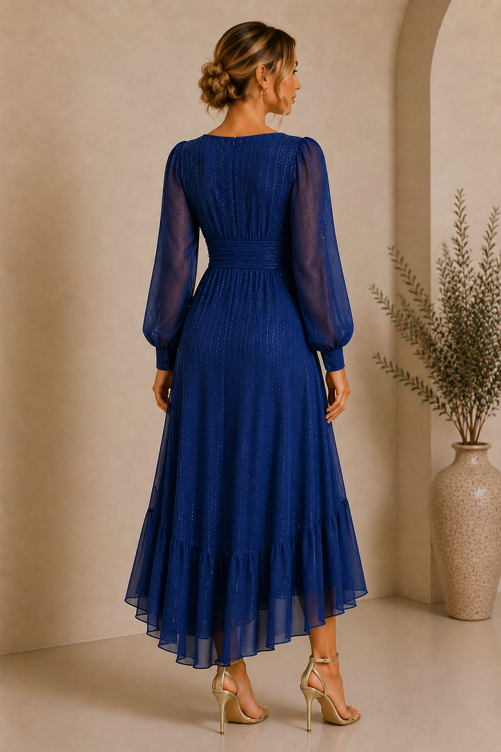Women's V-Neck Blue Shimmer Maxi Dress