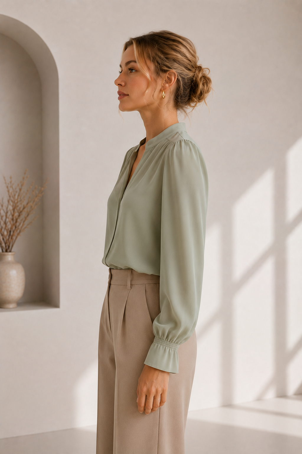Women's Loose-Fit V-Neck Blouse with Smocked Cuffs