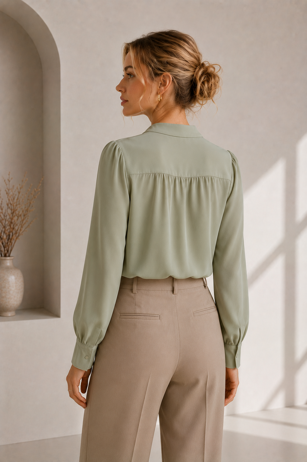 Women's Loose-Fit V-Neck Blouse with Smocked Cuffs