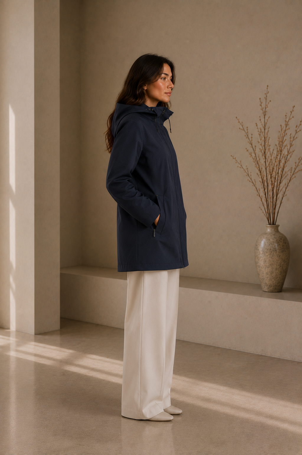 Women's Elegant Navy Blue Zip-Up Hooded Jacket