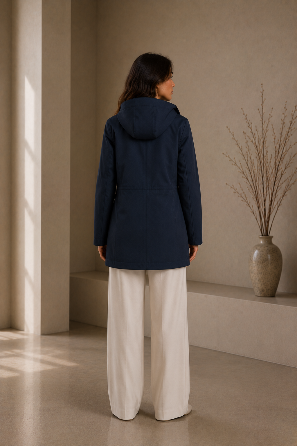 Women's Elegant Navy Blue Zip-Up Hooded Jacket