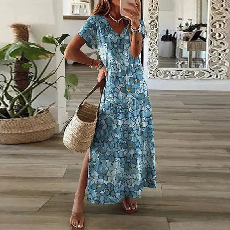 Genevieve | Women's Boho Printed V-Neck Maxi Dress