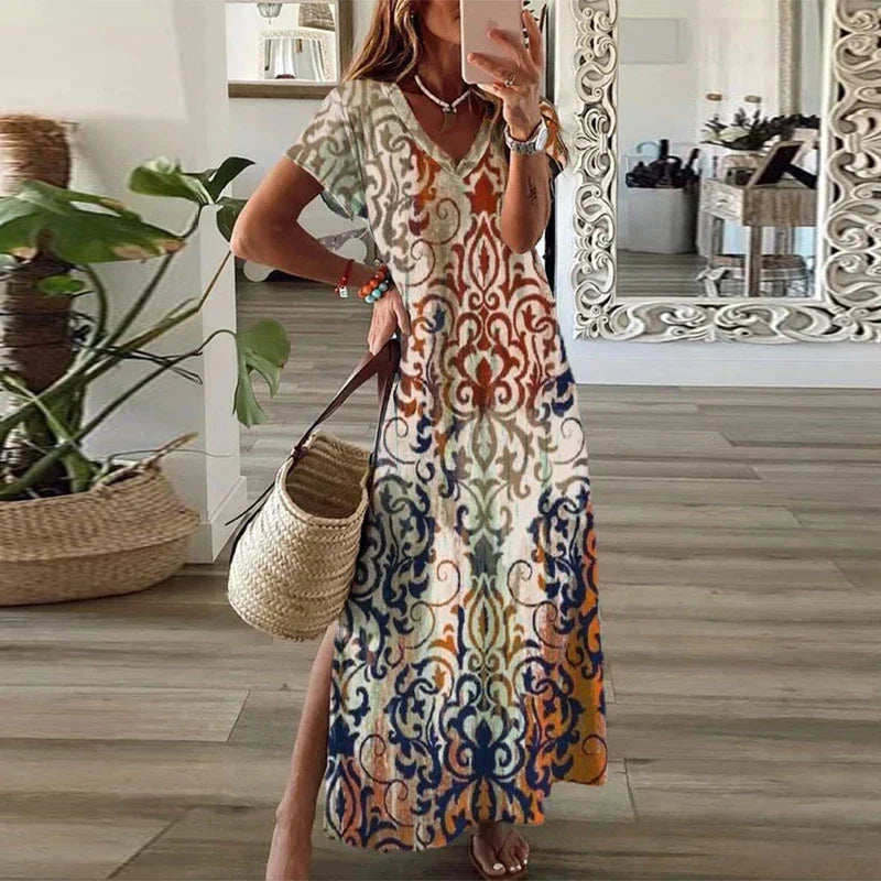 Genevieve | Women's Boho Printed V-Neck Maxi Dress