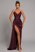 Satin Maxi Dress Ruched Sweetheart Split - Blue