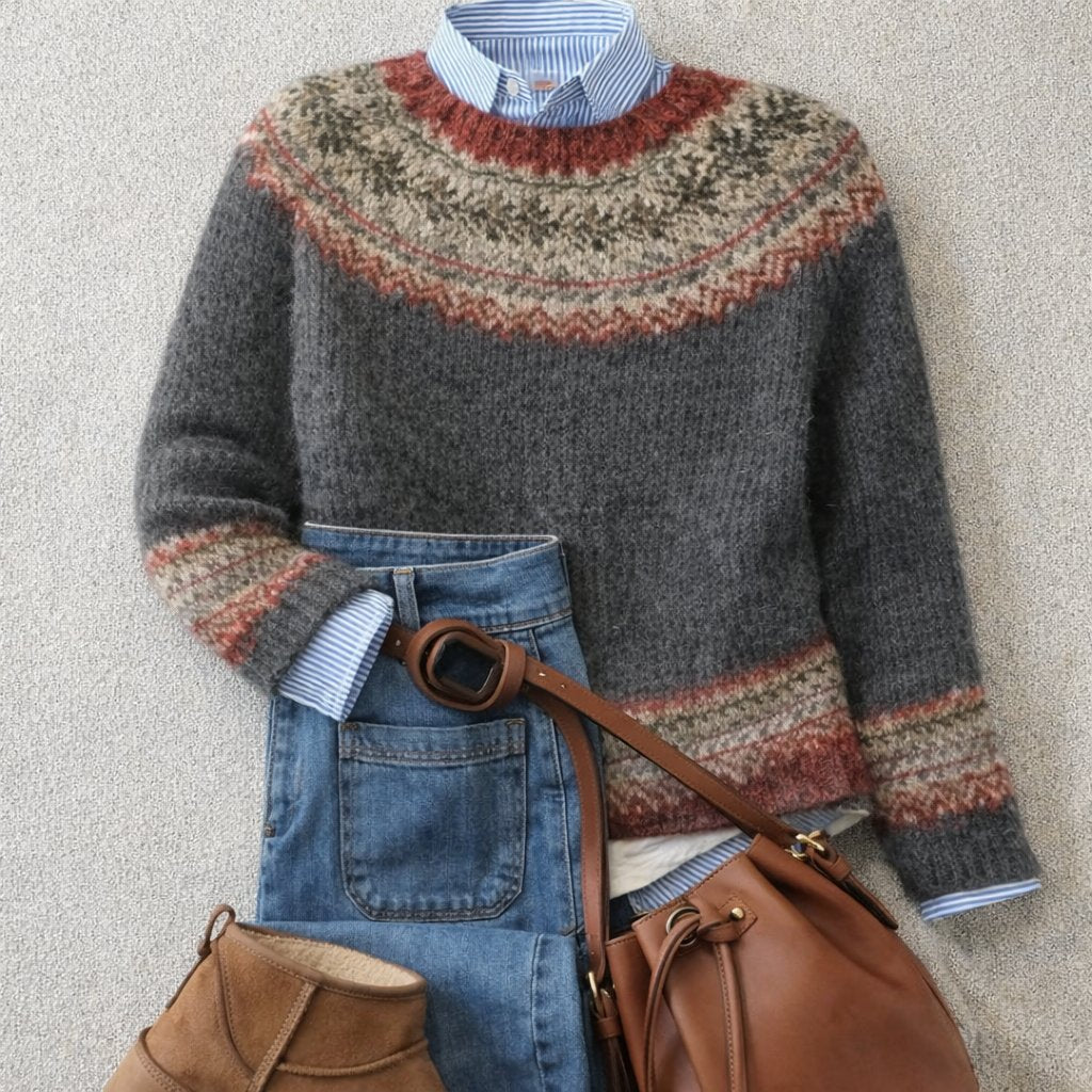 Women's Relaxed-Fit Fair Isle Nordic Knit Crewneck Sweater - Gray