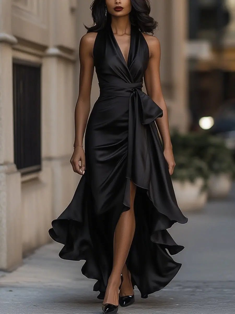 Clara | Women's Satin Wedding Guest Halter Dress with High-Low Ruffle