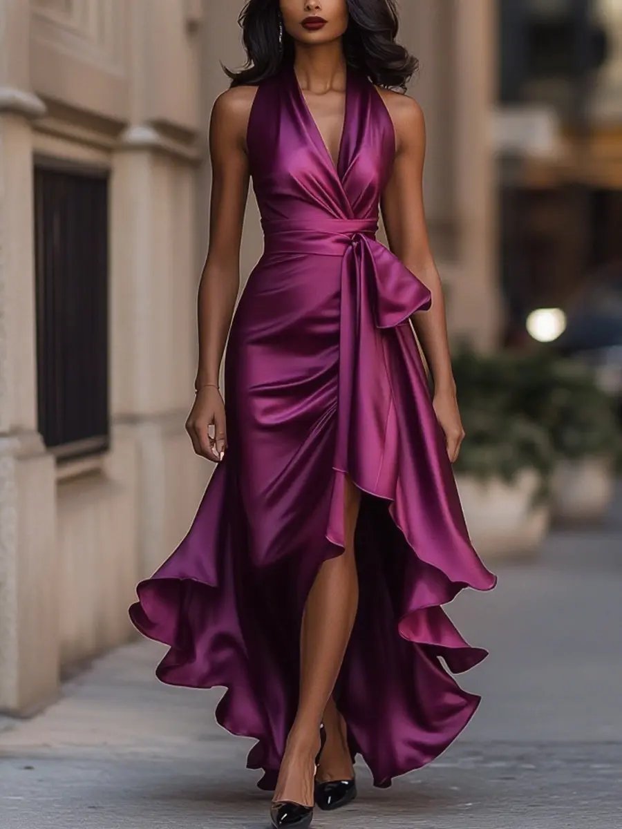 Clara | Women's Satin Wedding Guest Halter Dress with High-Low Ruffle