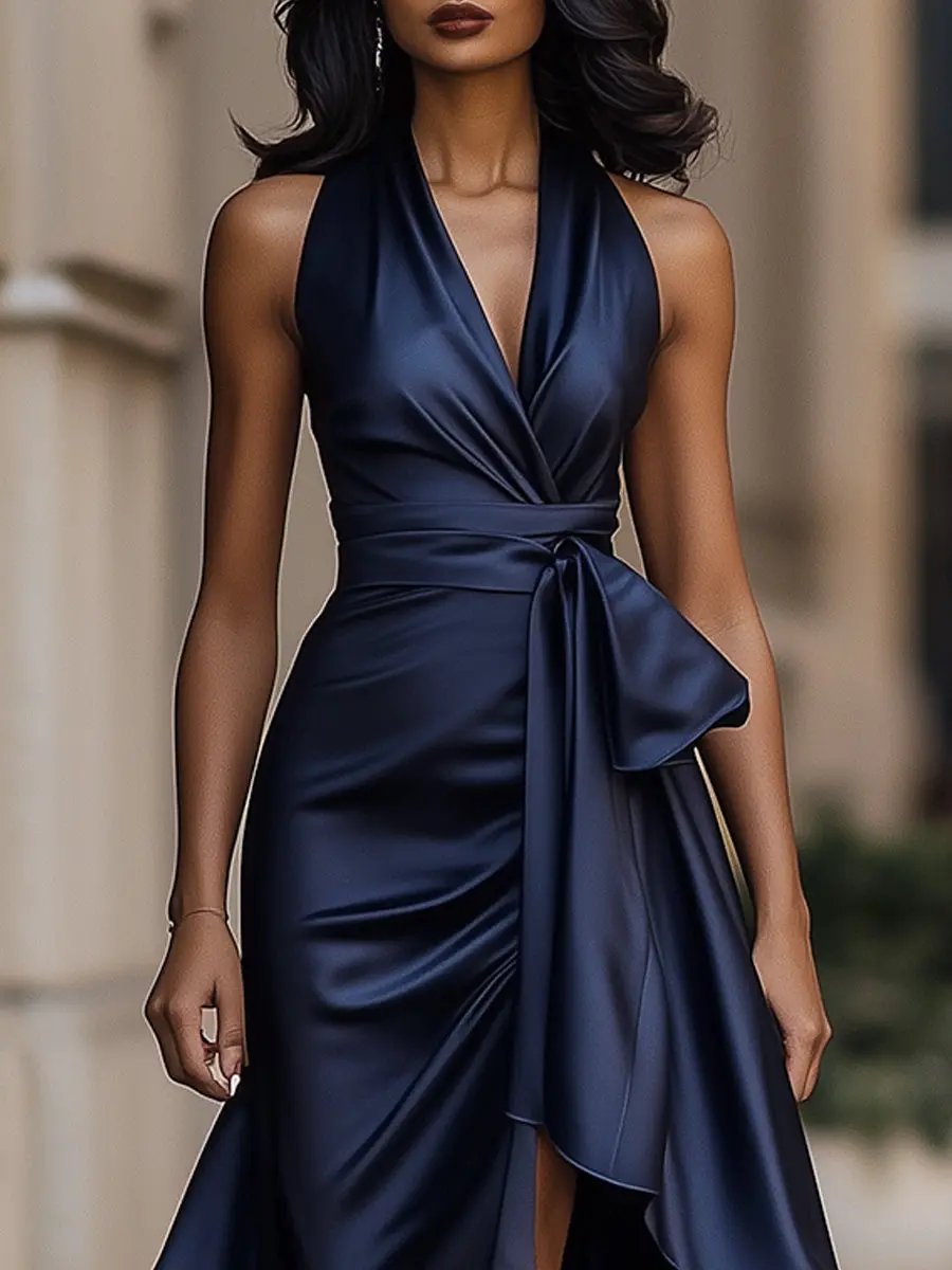 Clara | Women's Satin Wedding Guest Halter Dress with High-Low Ruffle