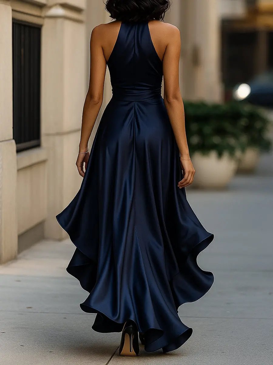 Clara | Women's Satin Wedding Guest Halter Dress with High-Low Ruffle