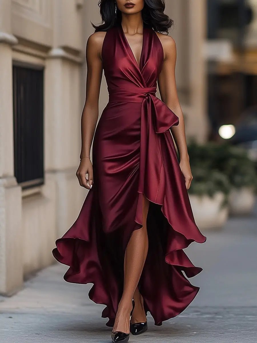 Clara | Women's Satin Wedding Guest Halter Dress with High-Low Ruffle