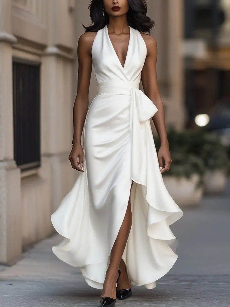 Clara | Women's Satin Wedding Guest Halter Dress with High-Low Ruffle