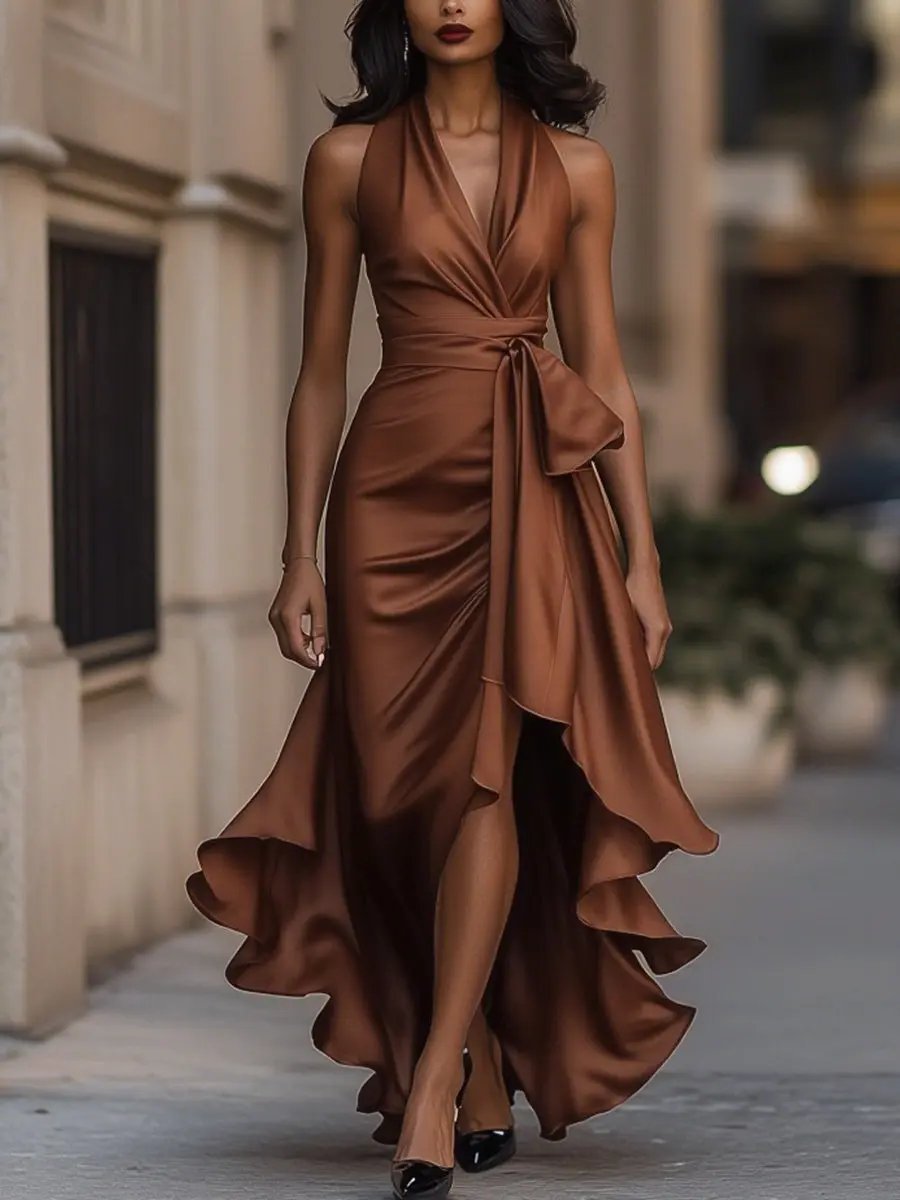Clara | Women's Satin Wedding Guest Halter Dress with High-Low Ruffle