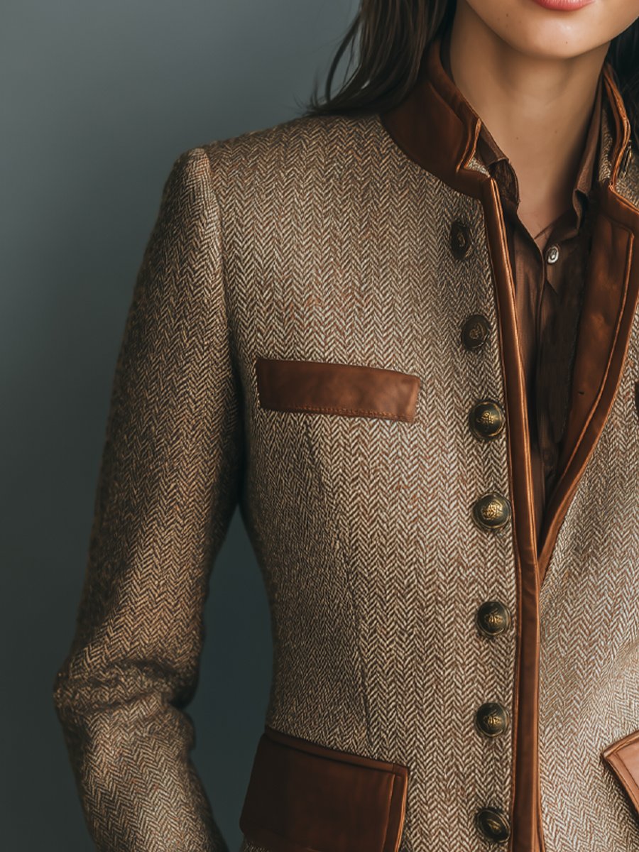 Ana | Women's Herringbone Tweed Jacket with Leather Trim
