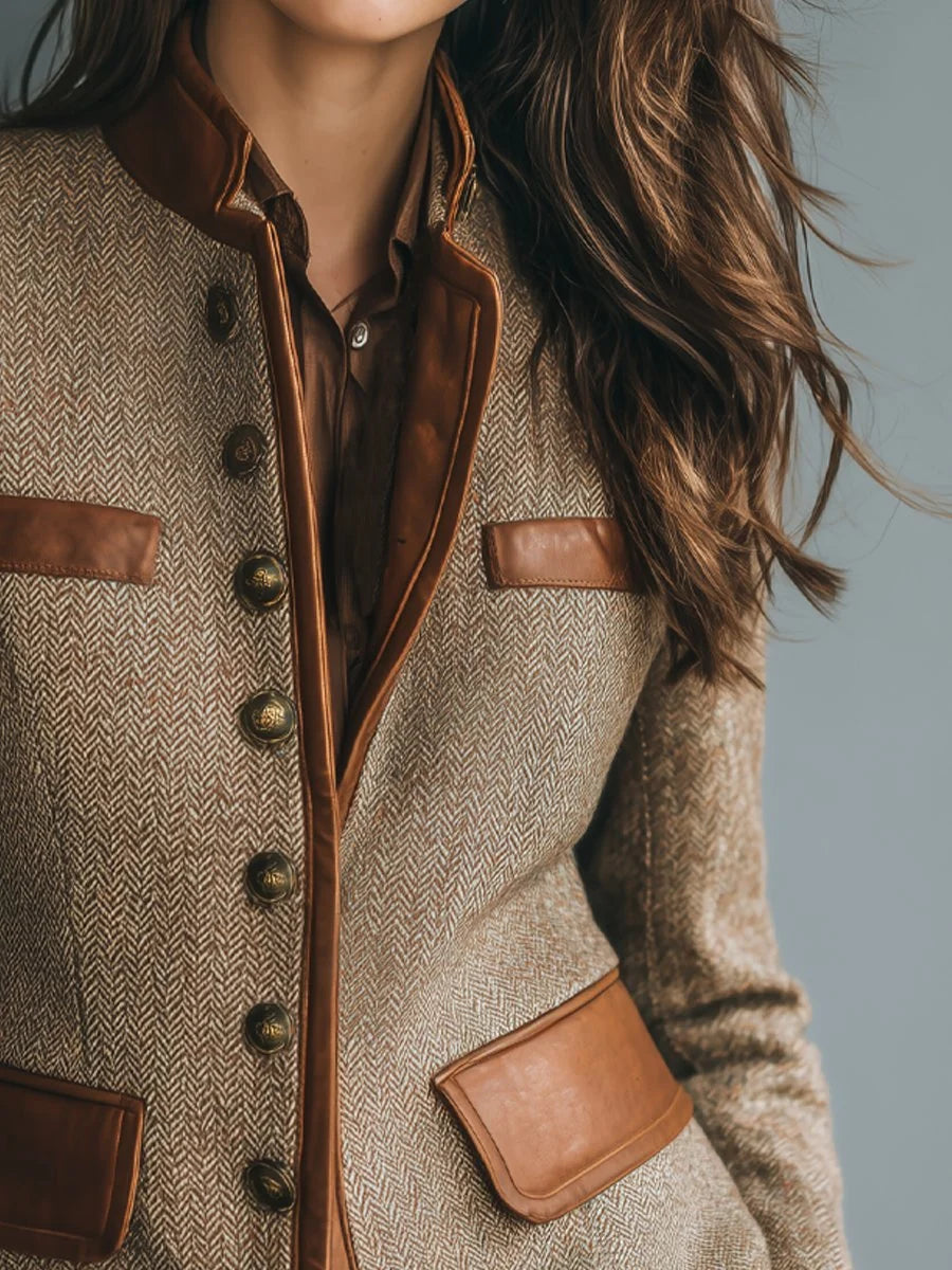 Ana | Women's Herringbone Tweed Jacket with Leather Trim